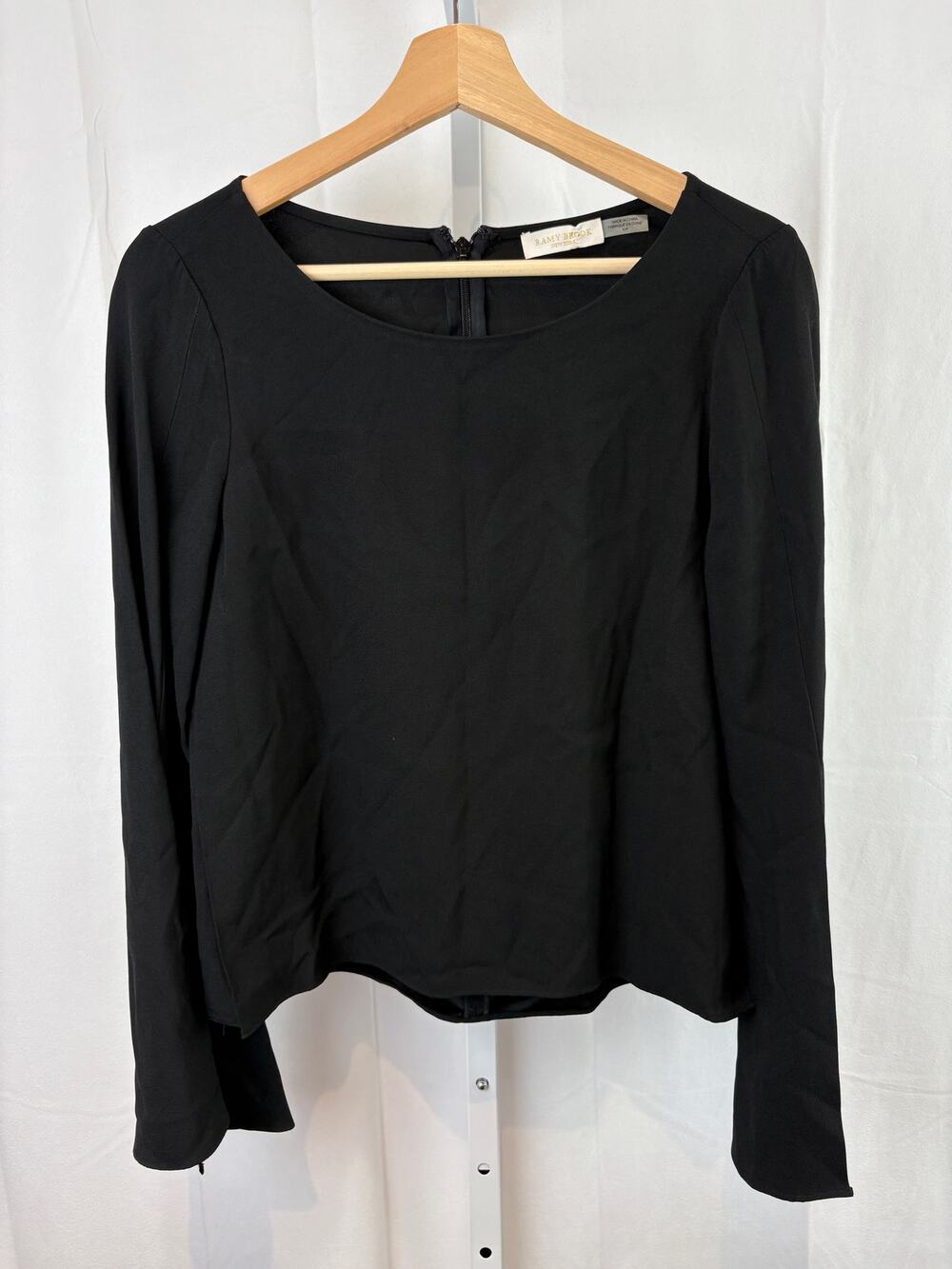 RAMY BROOK Size S Paloma Long Bell Sleeve Top Side Slit Back Zip Black
